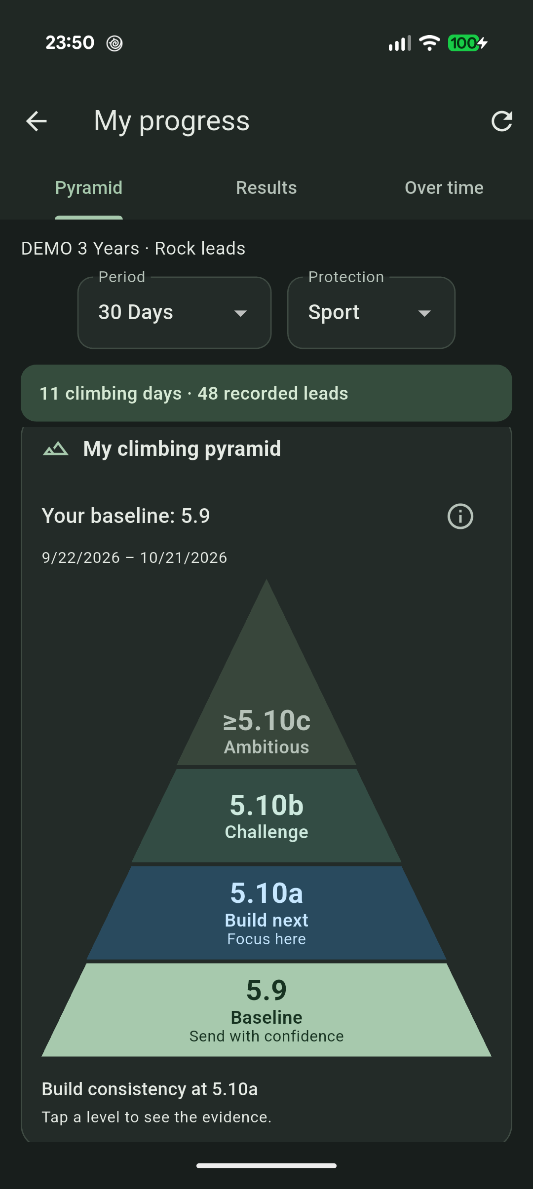 Demo climbing pyramid in dark mode using fictional climbing data